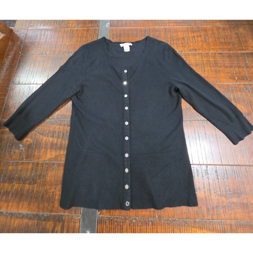 White House Black Market Black Button Up Cardigan Sweater Size M Ribbed Hem
